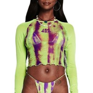 I.AM.GIA Green Sheer Streetwear Form Fit Y2K Tie Dye Bodycon Festival Crop Top S
